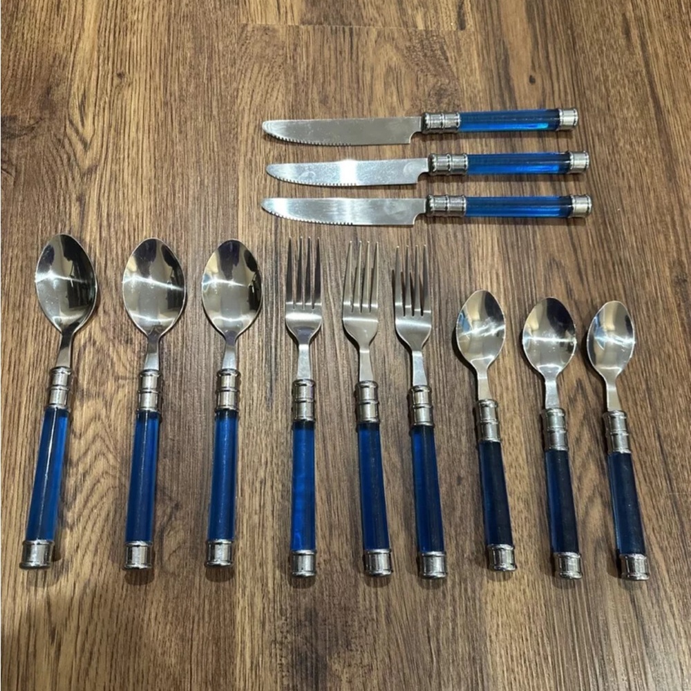 Caribbean Blue Stainless Flatware Lucite Handles 12 Pc. Vintage MCM